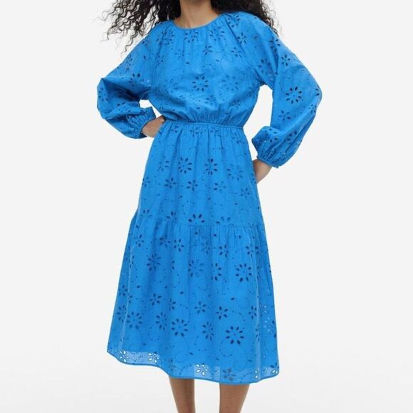 NWT H&M Blue Embroidered Eyelet Lace Long Puff Sleeve Open Back Midi Dress - Picture 1 of 14